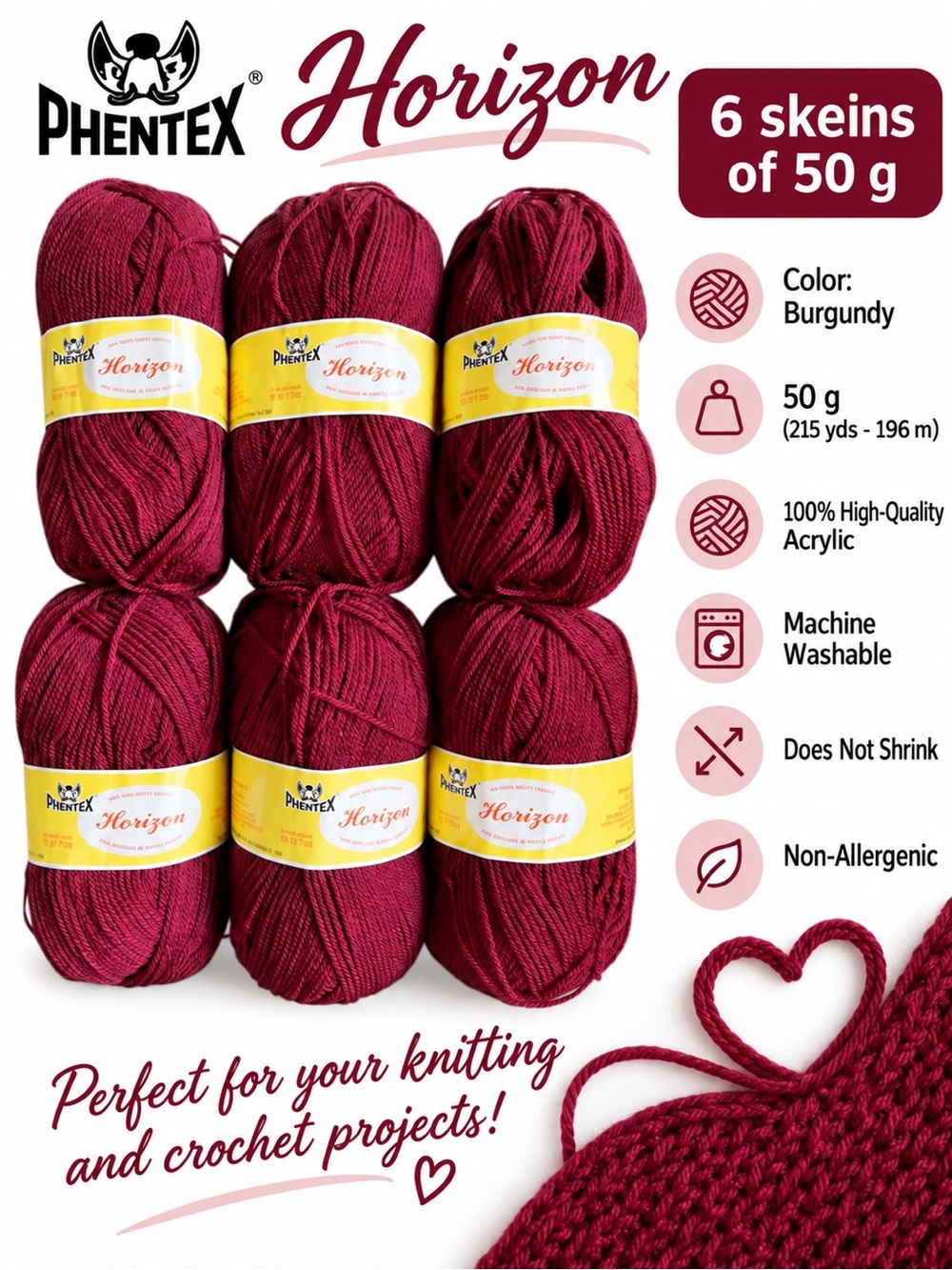 Phentex Horizon Acrylic Yarn - Deep Burgundy - Vintage - 6 Skeins